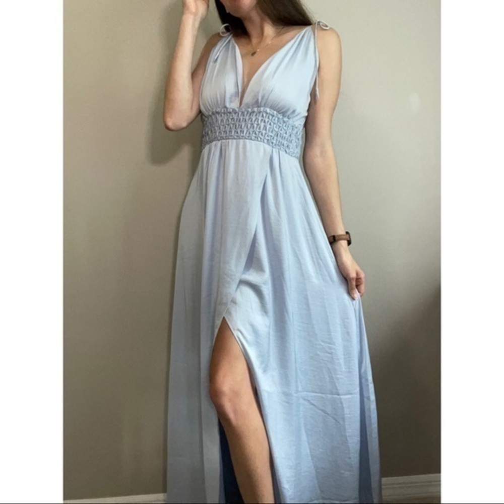 Saylor Baby Blue Front Slit Plunge Gown